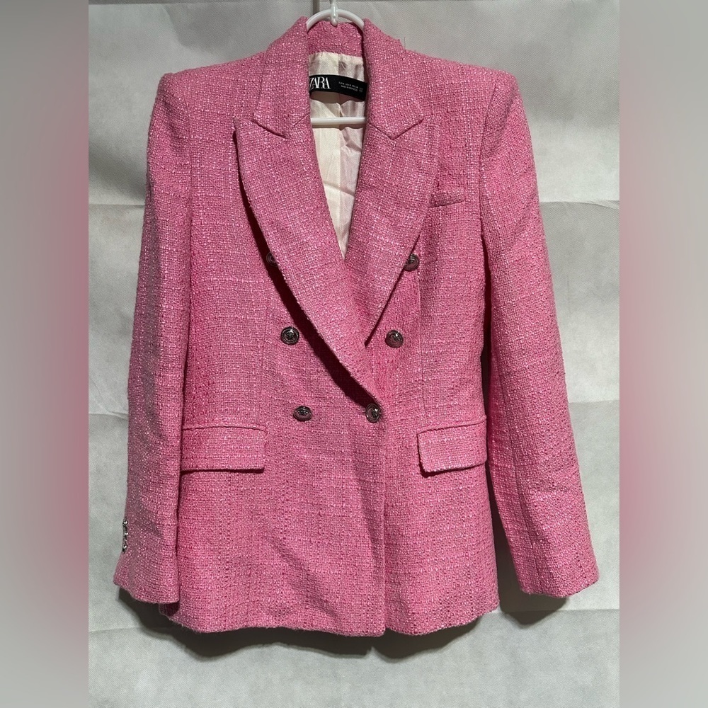 Zara Women’s Career Pink 100% Acetate Tweed Blazer Jacket Size Small MSRP $195